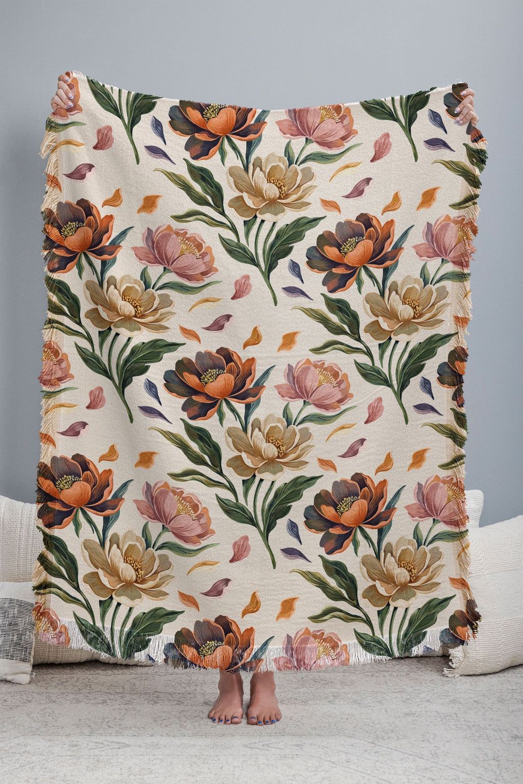 Marta Barragan Camarasa Hand Painted Peony Florals Throw Blanket