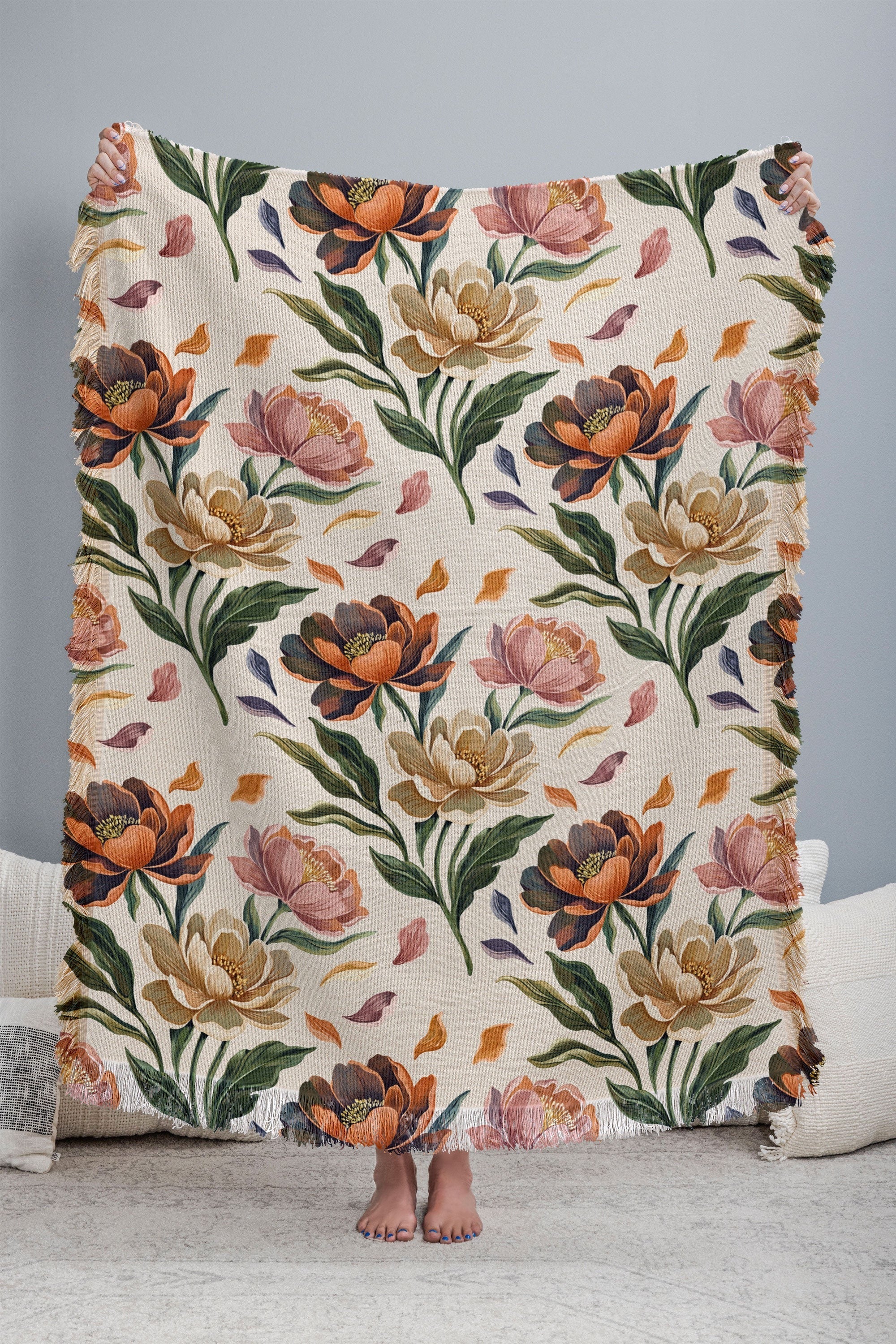 Marta Barragan Camarasa Hand Painted Peony Florals Throw Blanket
