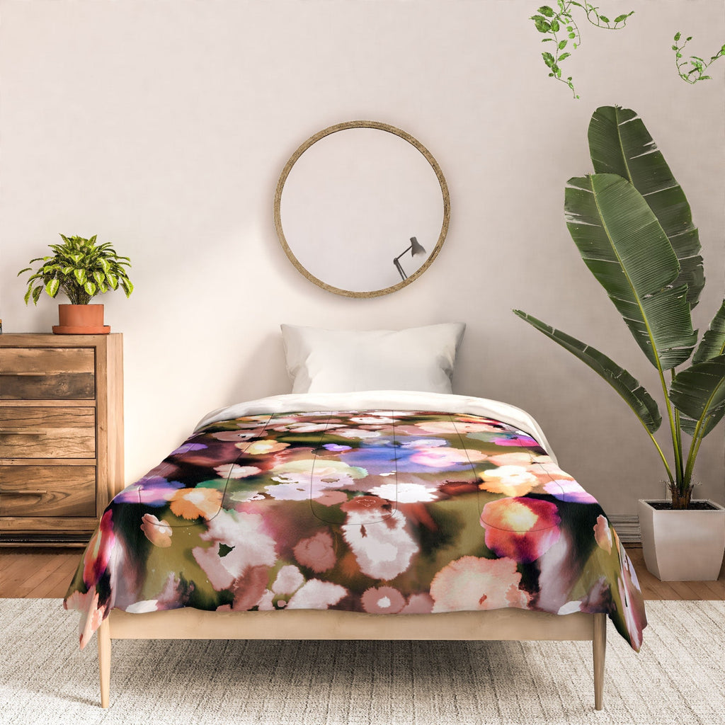 Ninola Design Botanic Retreat Ombre Abstract Watercolor Flowers Pink gold Comforter