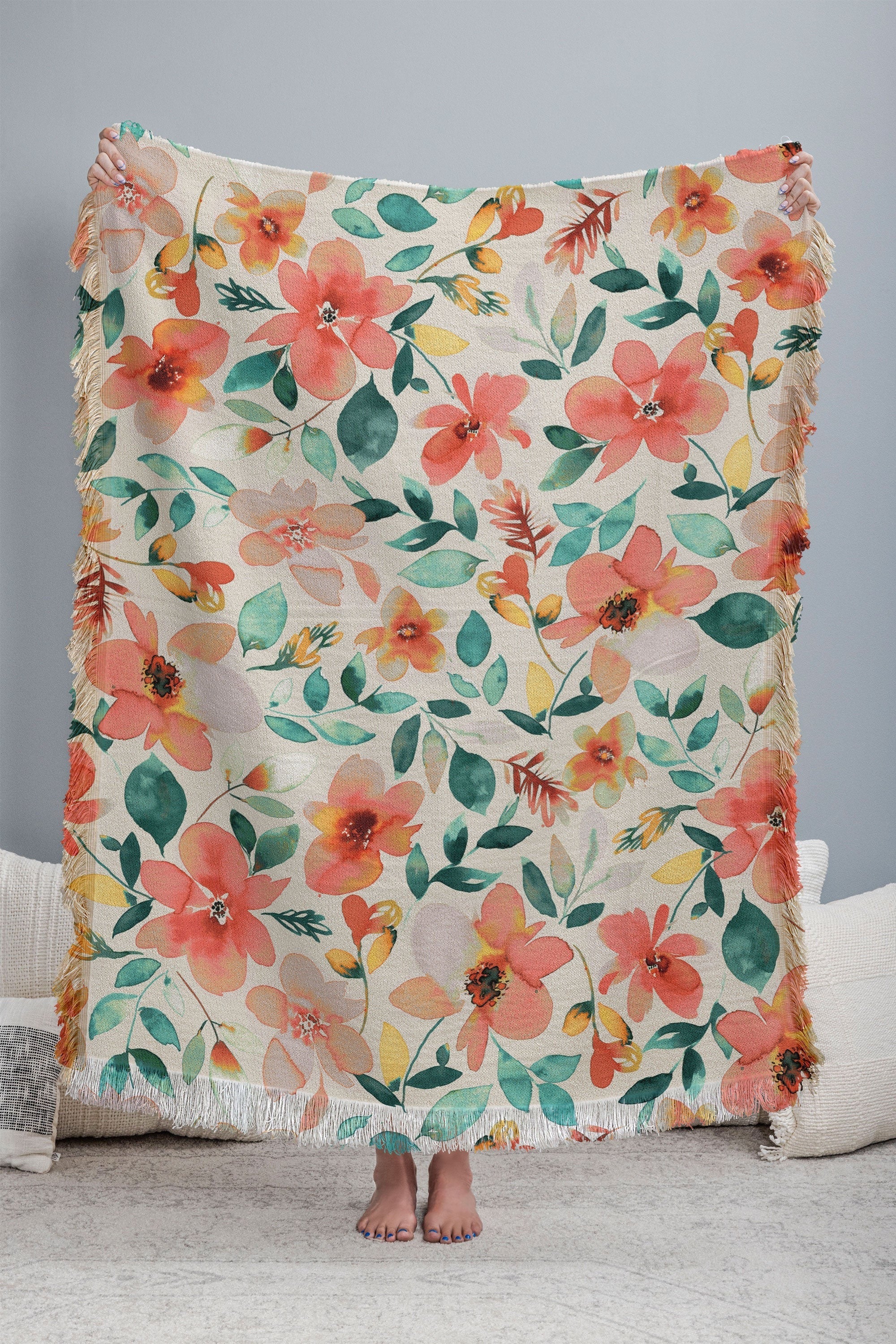 Ninola Design Botanic Retreat Tropical Whimsical Flowers Coral Green Throw Blanket