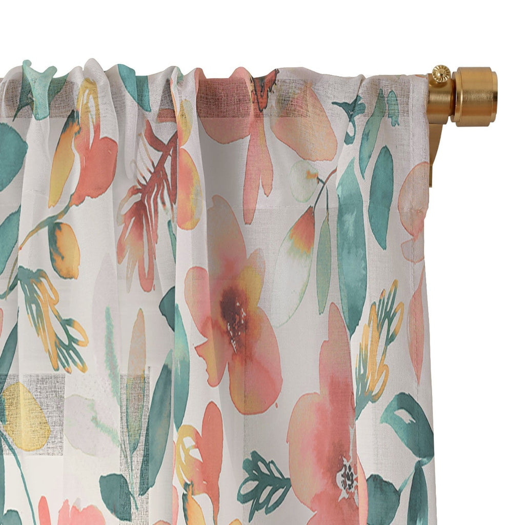Ninola Design Botanic Retreat Tropical Whimsical Flowers Coral Green Sheer Non Repeat