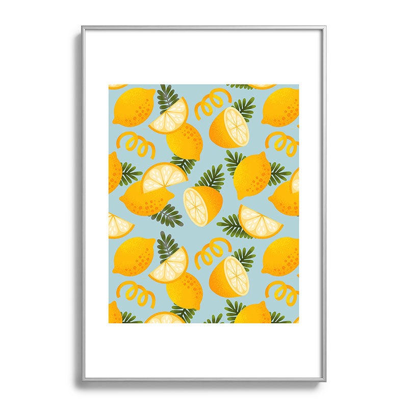 Jessica Molina Lemon Pattern on Sky Blue Metal Framed Art Print