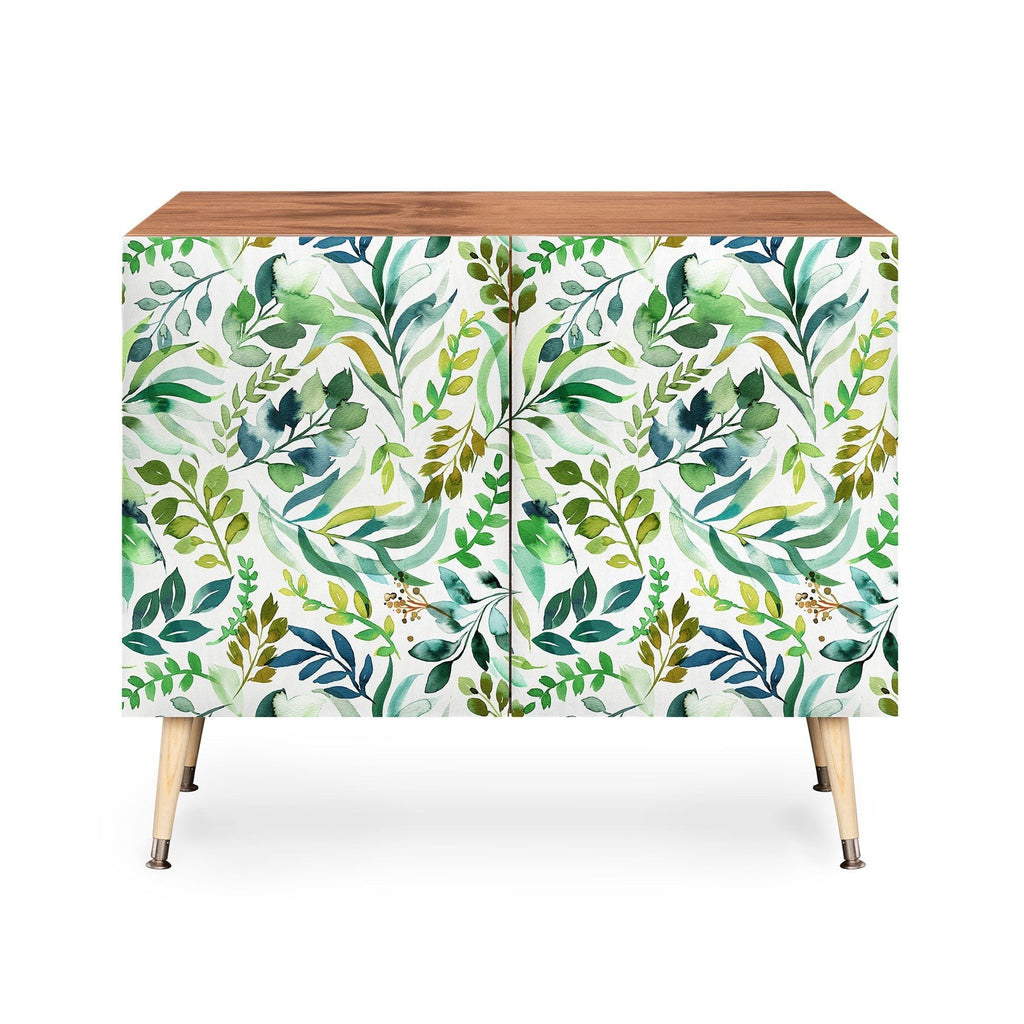 Ninola Design Botanic Retreat Loose Botanical Leaves Watercolor Green Credenza