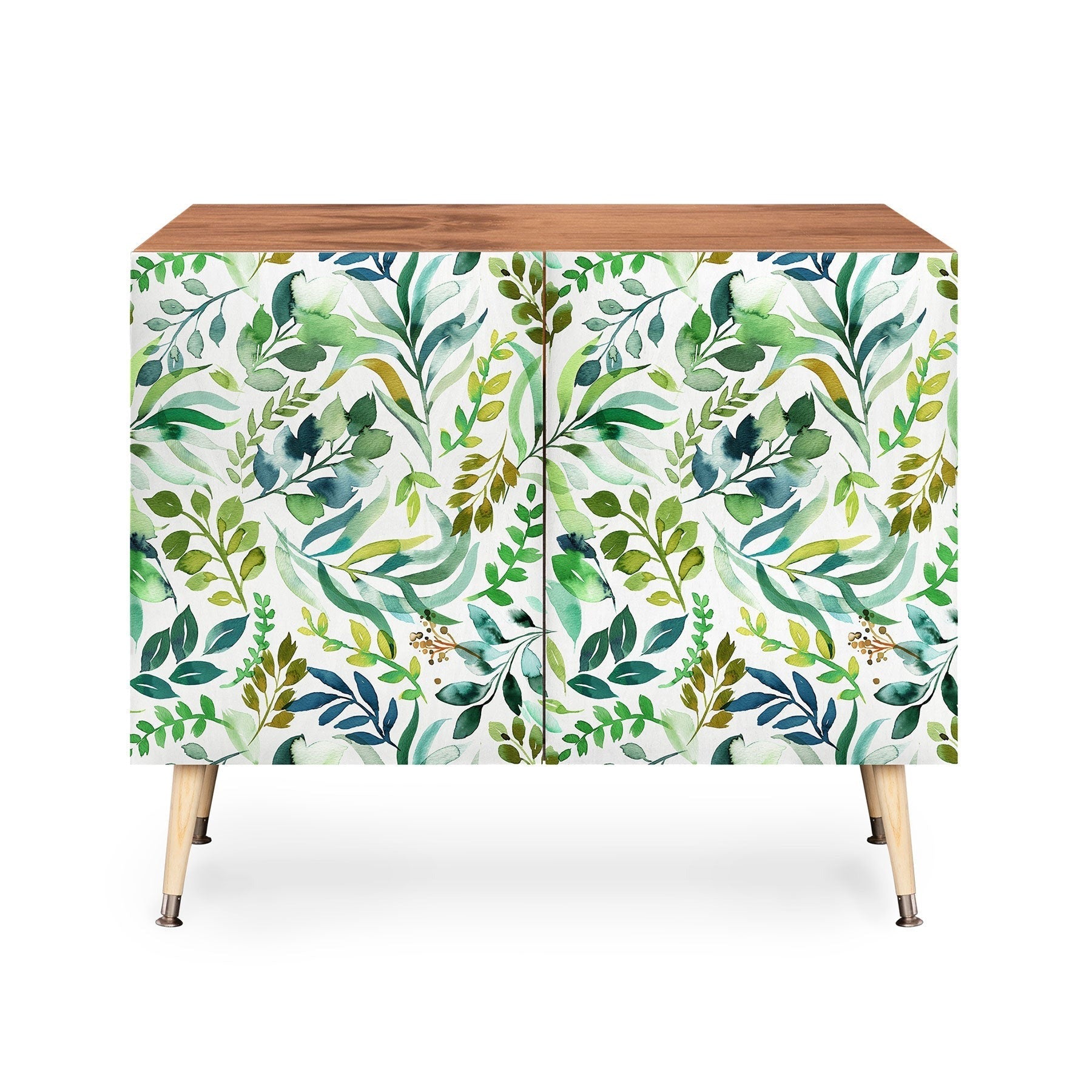 Ninola Design Botanic Retreat Loose Botanical Leaves Watercolor Green Credenza