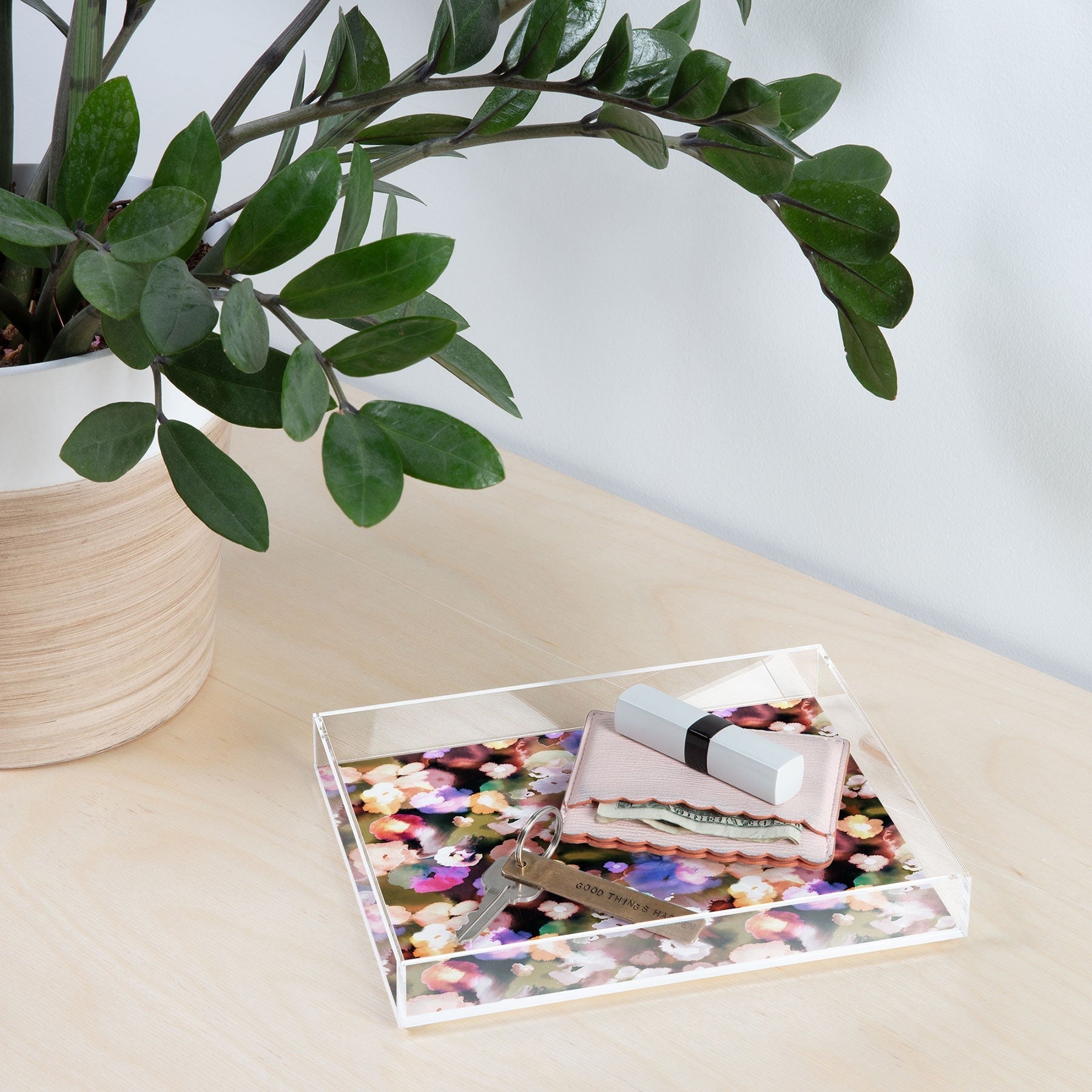 Ninola Design Botanic Retreat Ombre Abstract Watercolor Flowers Pink gold Acrylic Tray