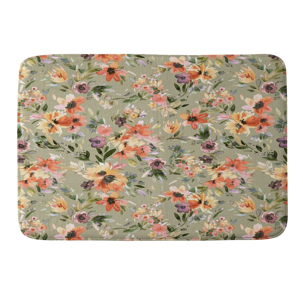 Ninola Design Botanic Retreat Painterly Tropical Flowers Sage Green Memory Foam Bath Mat