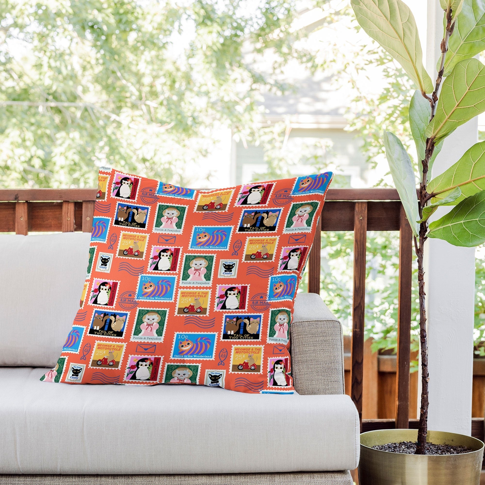 Design by Spark Classic Book Cat Stamps Outdoor Throw Pillow