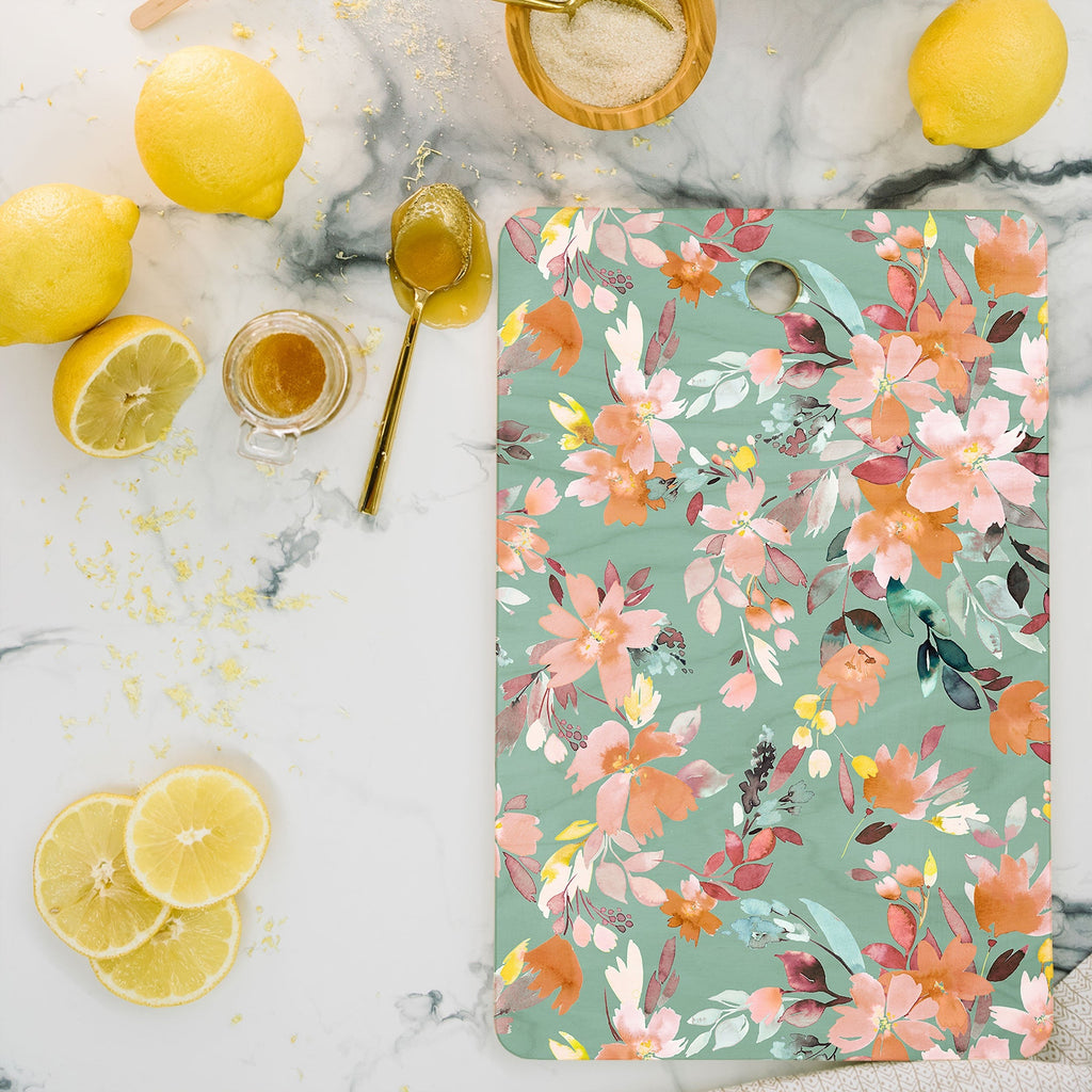 Ninola Design Botanic Retreat Floral Oleander Whimsical Teal Green Cutting Board Rectangle