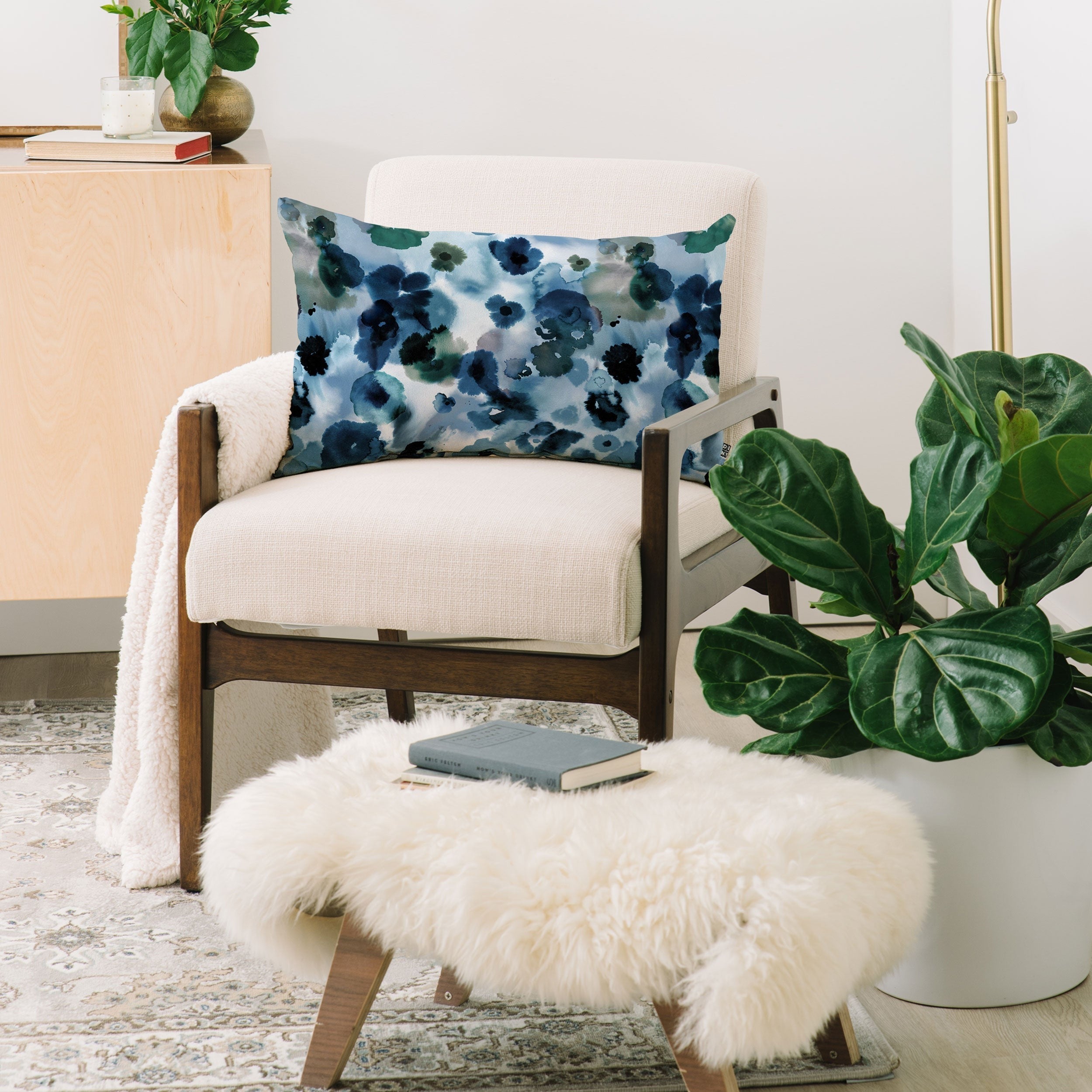 Ninola Design Botanic Retreat Ombre Abstract Watercolor Flowers Blue Navy Oblong Throw Pillow
