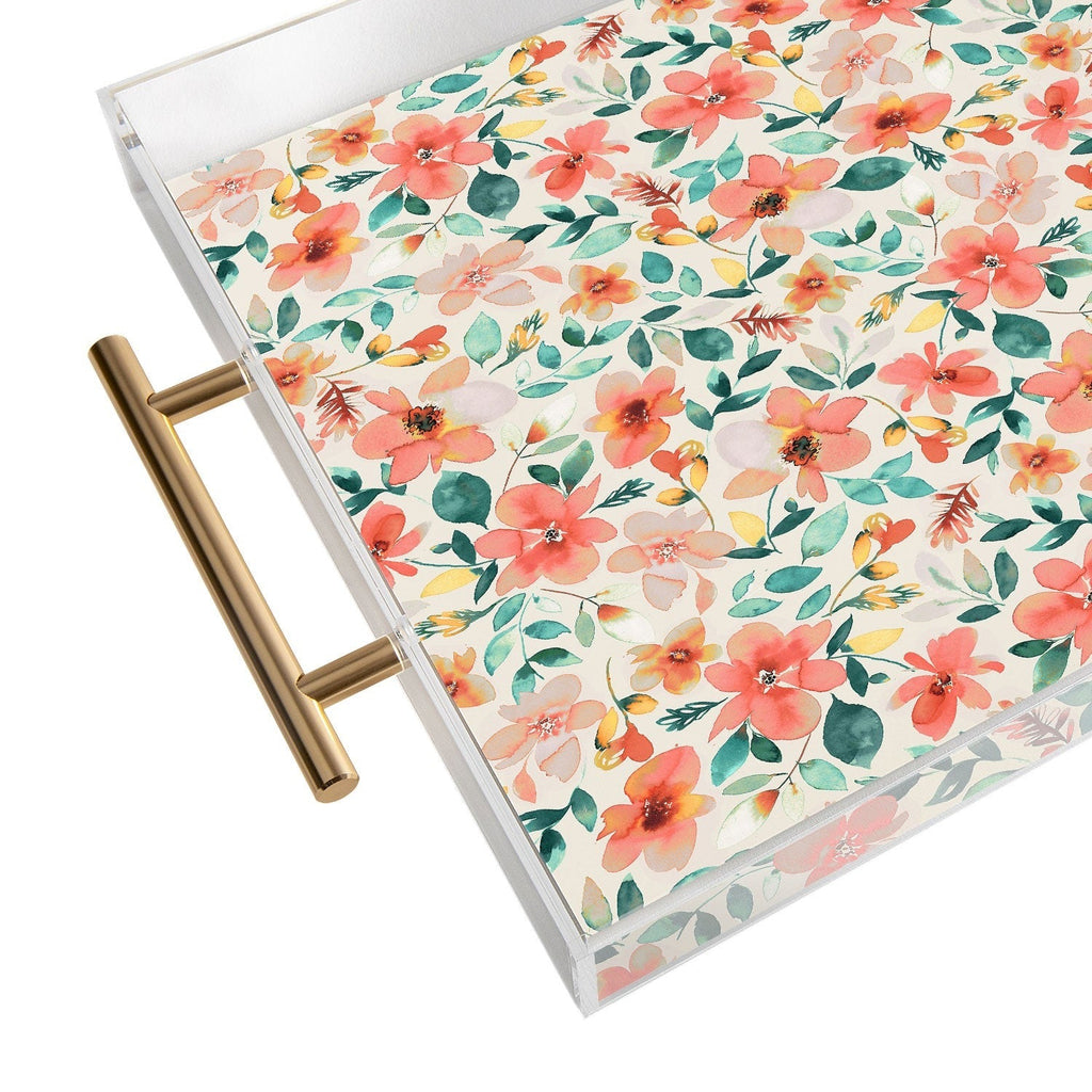 Ninola Design Botanic Retreat Tropical Whimsical Flowers Coral Green Acrylic Tray