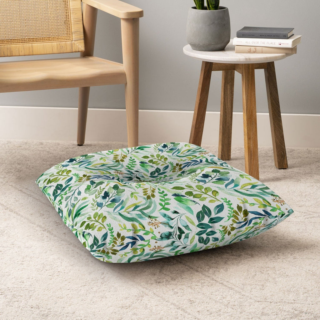 Ninola Design Botanic Retreat Loose Botanical Leaves Watercolor Green Floor Pillow Square