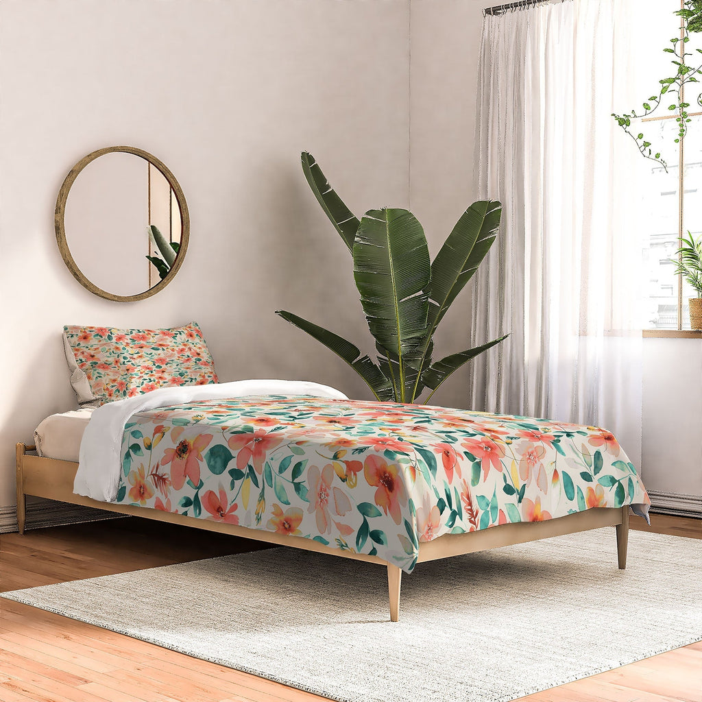 Ninola Design Botanic Retreat Tropical Whimsical Flowers Coral Green Comforter