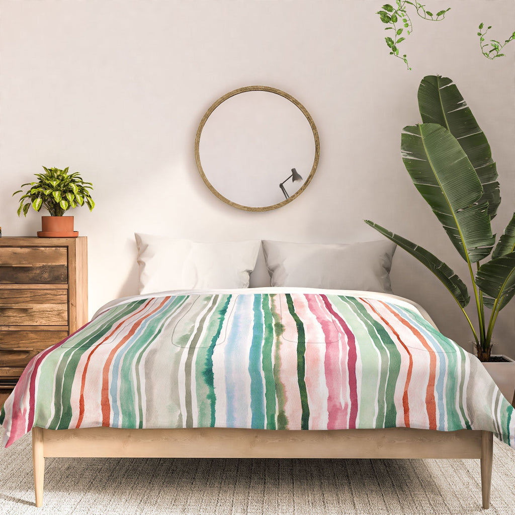 Ninola Design Botanic Retreat Watercolor Stripes Green Orange Red Comforter