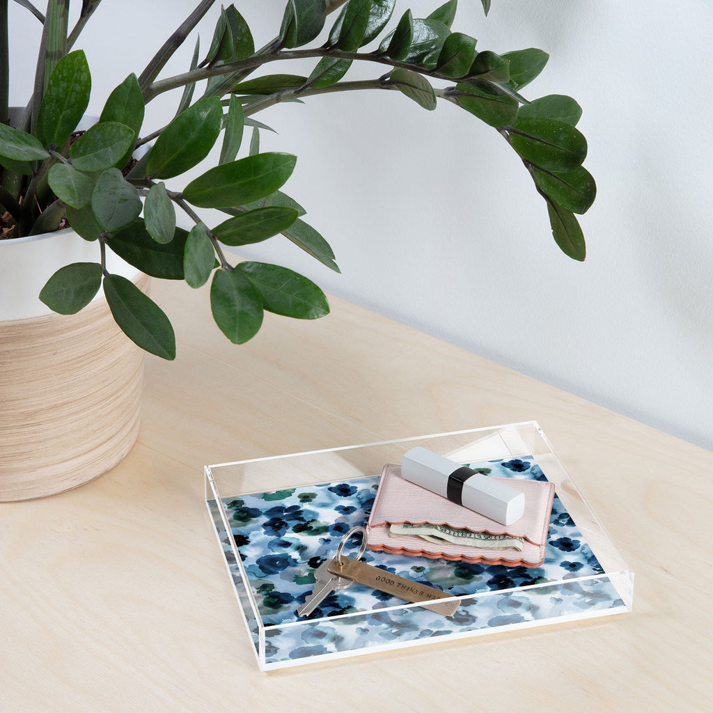 Ninola Design Botanic Retreat Ombre Abstract Watercolor Flowers Blue Navy Acrylic Tray