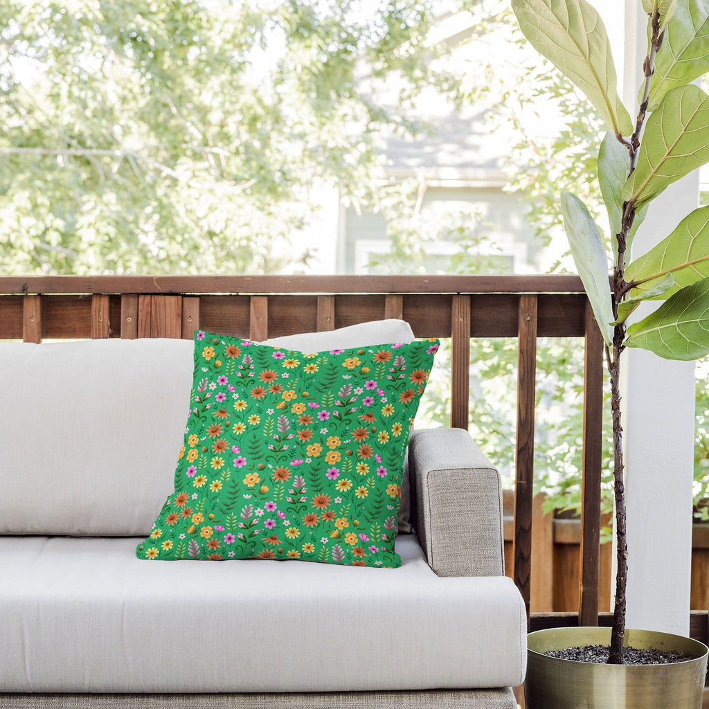 Pimlada Phuapradit Ditsy Spring Floral Green Outdoor Throw Pillow