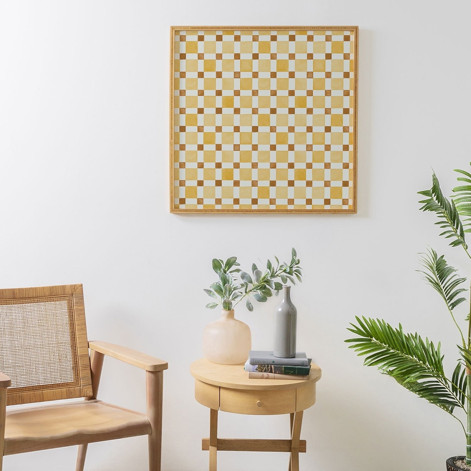 Ninola Design Everyday Artifact Checker Mosaic Tiles Geometry Yellow Framed Wall Art