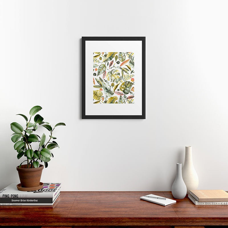 Ninola Design Botanic Retreat Tropical Jungle Leaves Botanical Green Orange Framed Art Print