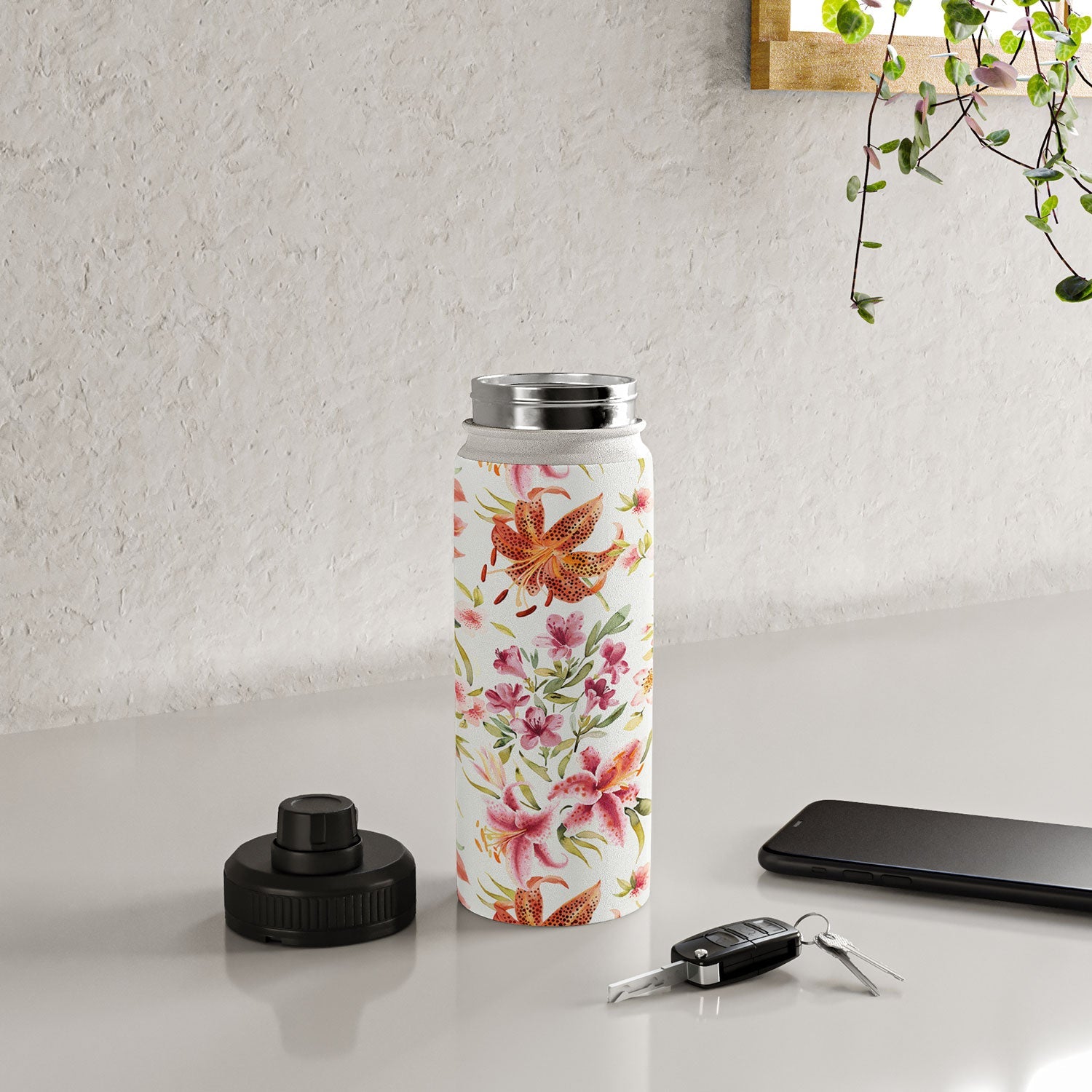 Ninola Design Botanic Retreat Lily Lush Floral Orange Green Water Bottle
