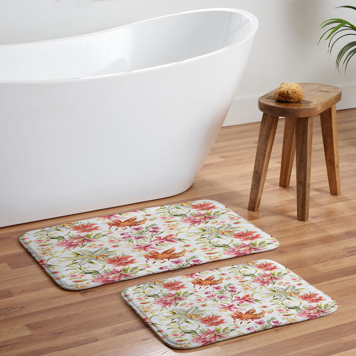 Ninola Design Botanic Retreat Lily Lush Floral Orange Green Memory Foam Bath Mat