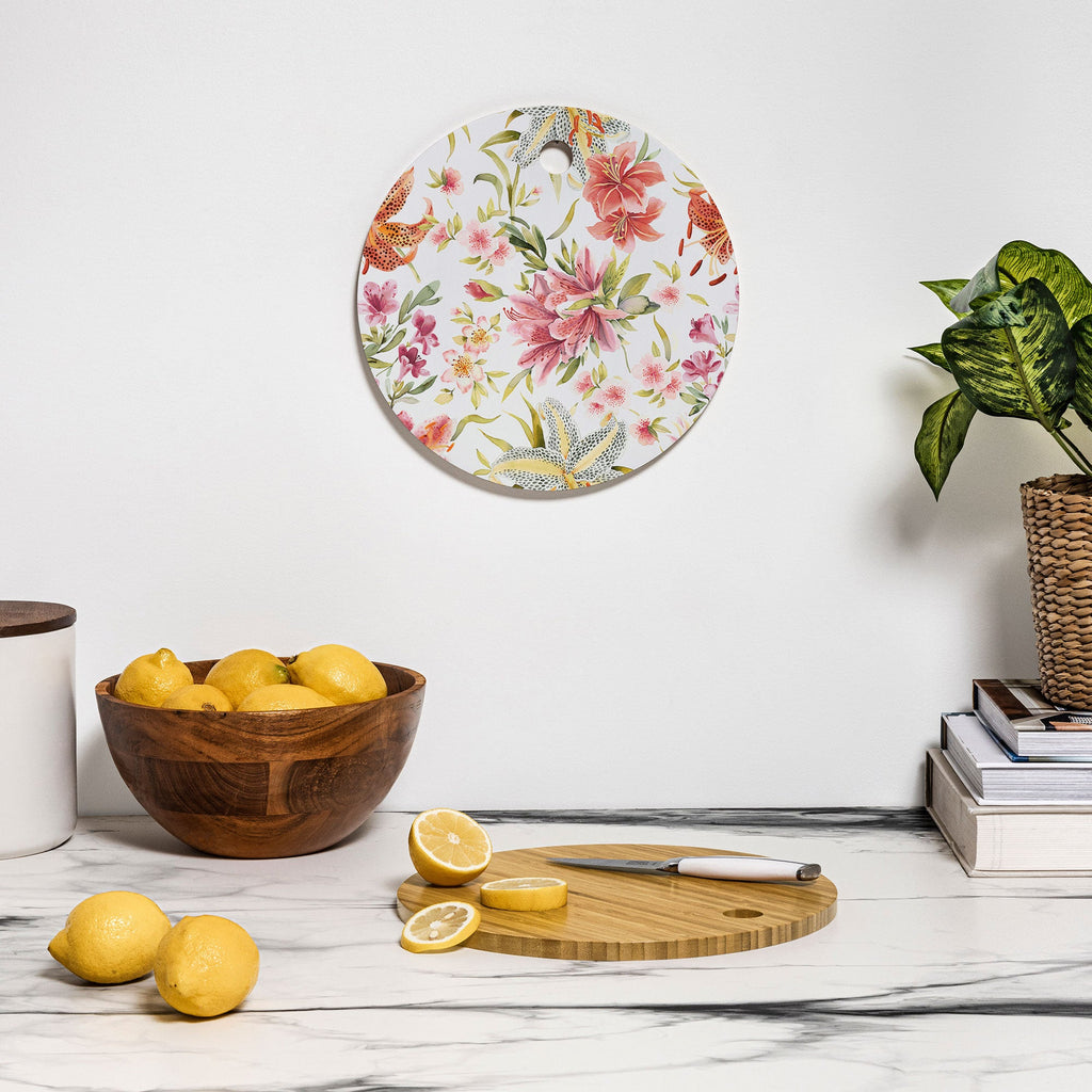Ninola Design Botanic Retreat Lily Lush Floral Orange Green Cutting Board Round