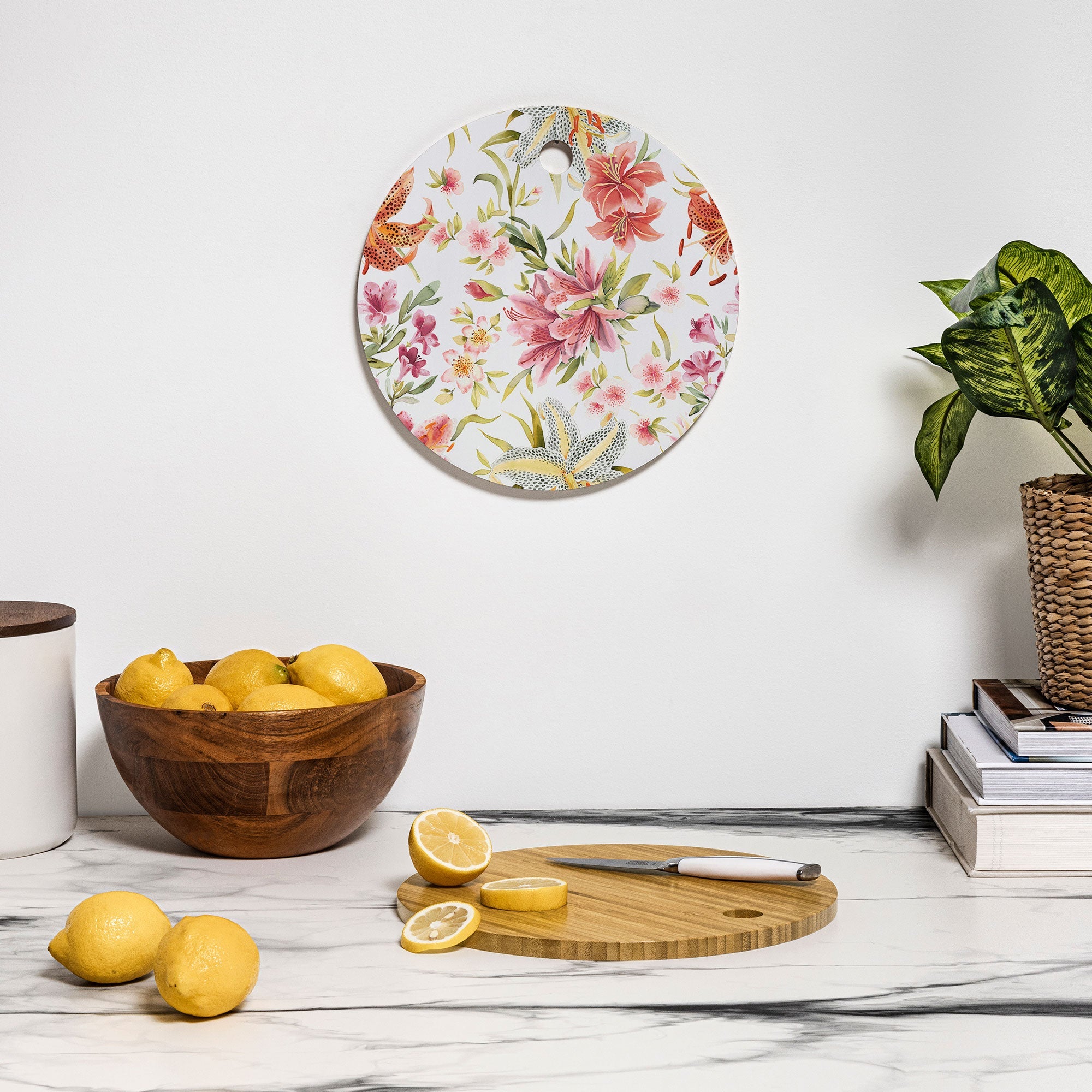 Ninola Design Botanic Retreat Lily Lush Floral Orange Green Cutting Board Round