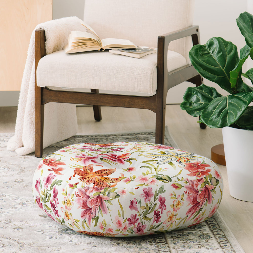 Ninola Design Botanic Retreat Lily Lush Floral Orange Green Floor Pillow Round