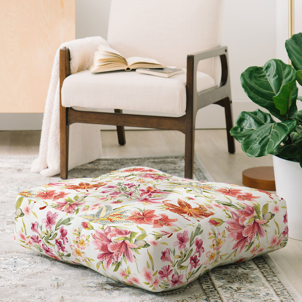 Ninola Design Botanic Retreat Lily Lush Floral Orange Green Floor Pillow Square