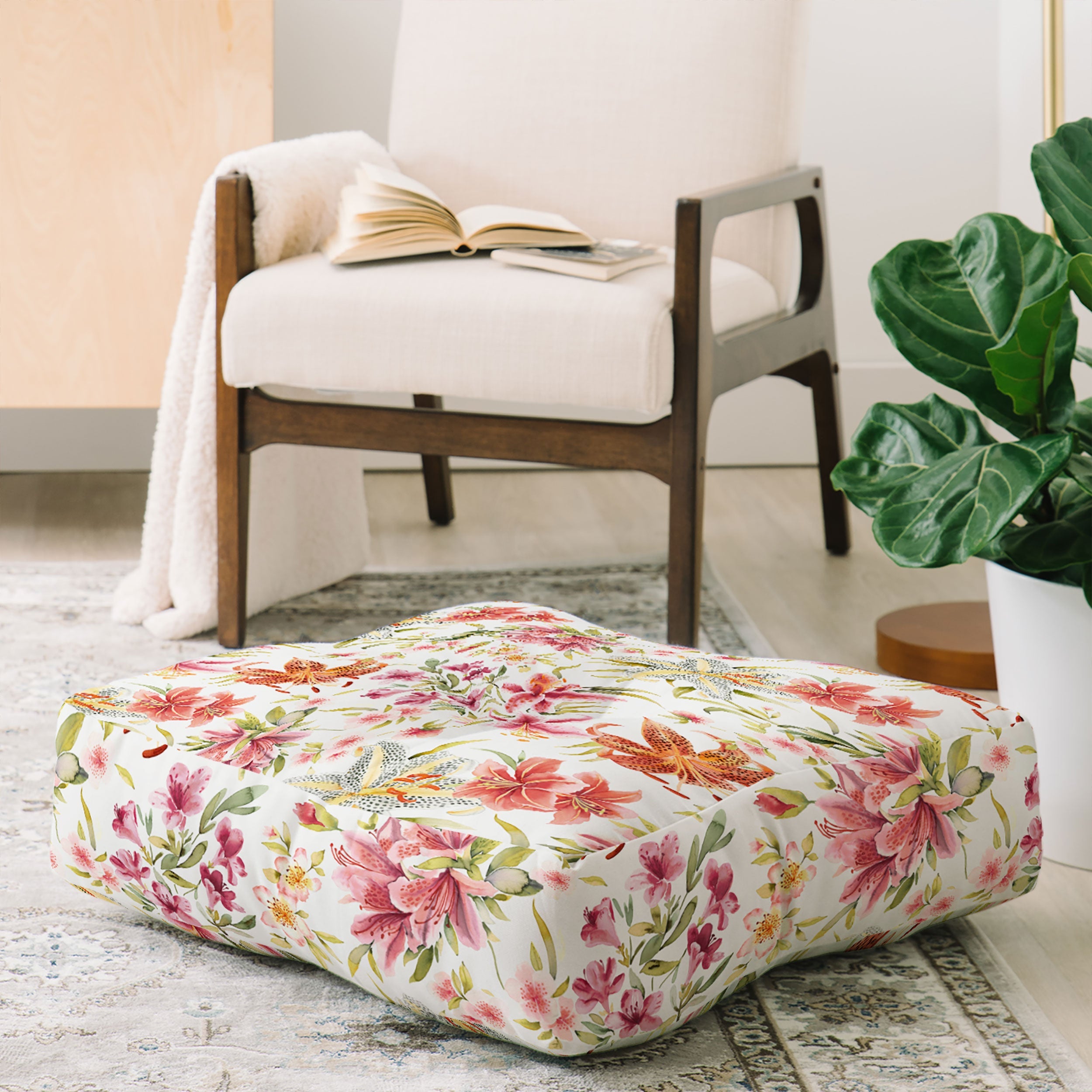 Ninola Design Botanic Retreat Lily Lush Floral Orange Green Floor Pillow Square