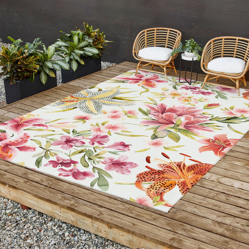 Ninola Design Botanic Retreat Lily Lush Floral Orange Green Outdoor Rug