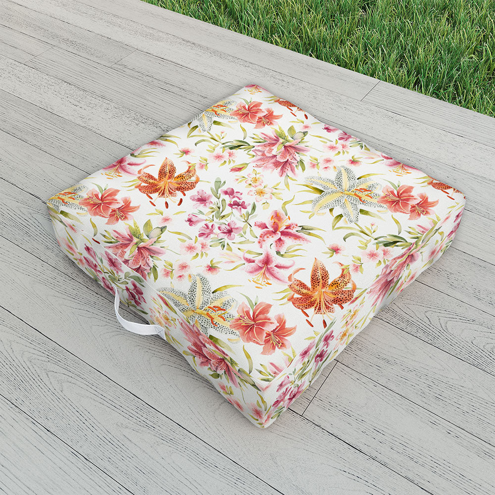 Ninola Design Botanic Retreat Lily Lush Floral Orange Green Outdoor Floor Cushion