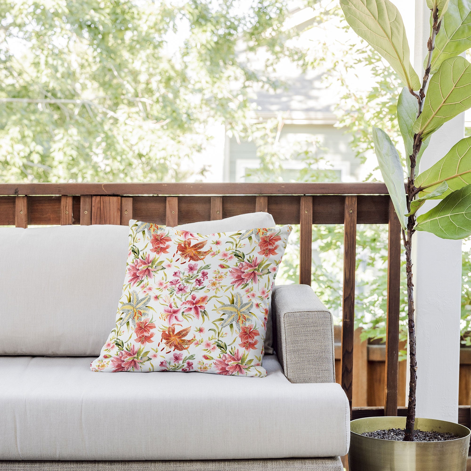 Ninola Design Botanic Retreat Lily Lush Floral Orange Green Outdoor Throw Pillow