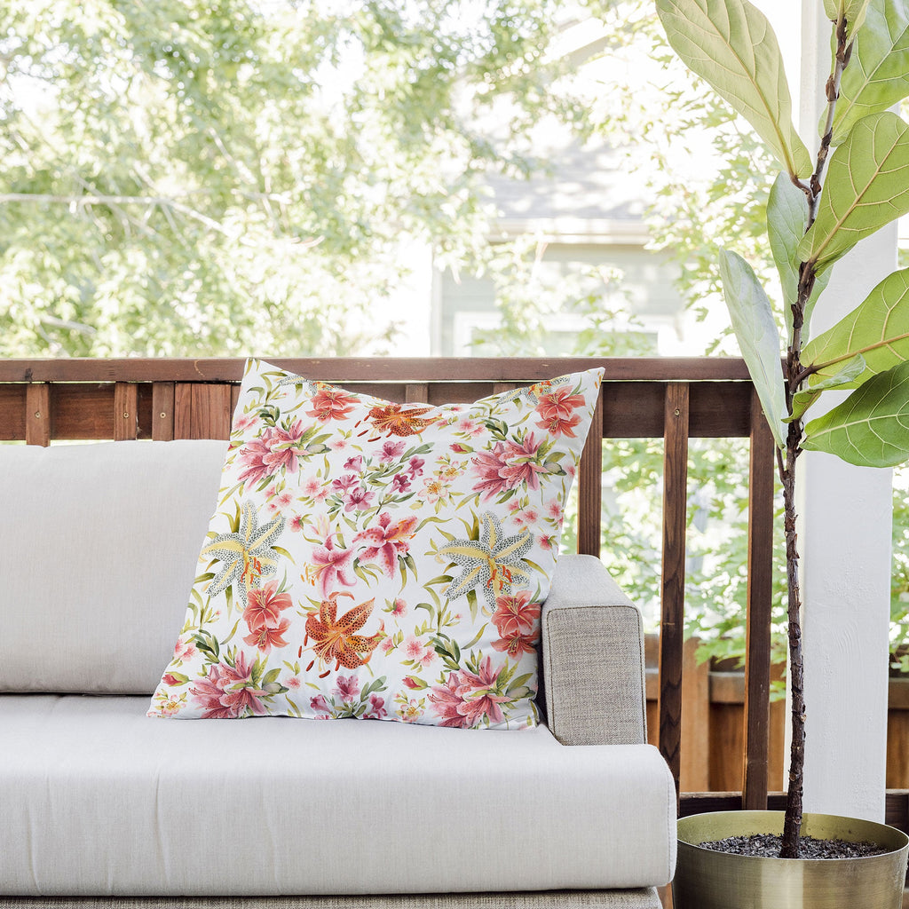 Ninola Design Botanic Retreat Lily Lush Floral Orange Green Outdoor Throw Pillow