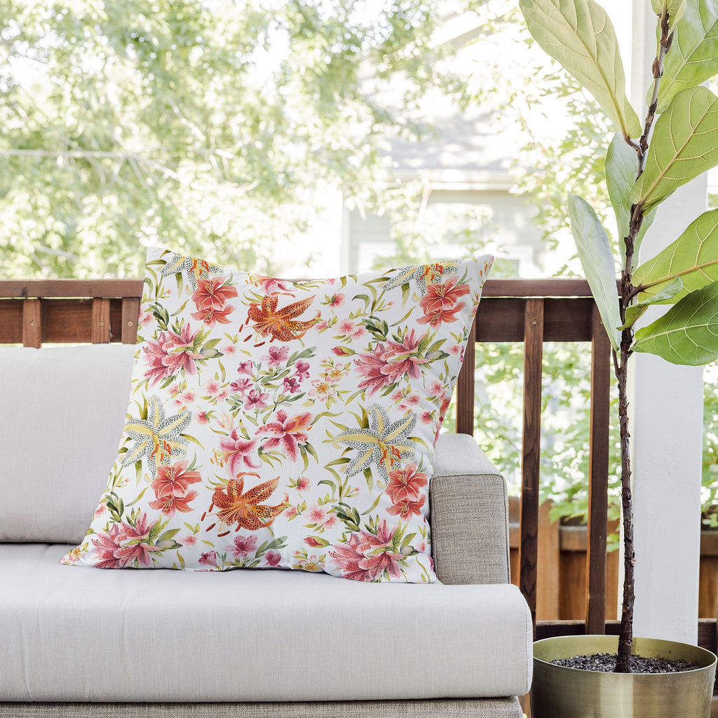 Ninola Design Botanic Retreat Lily Lush Floral Orange Green Outdoor Throw Pillow