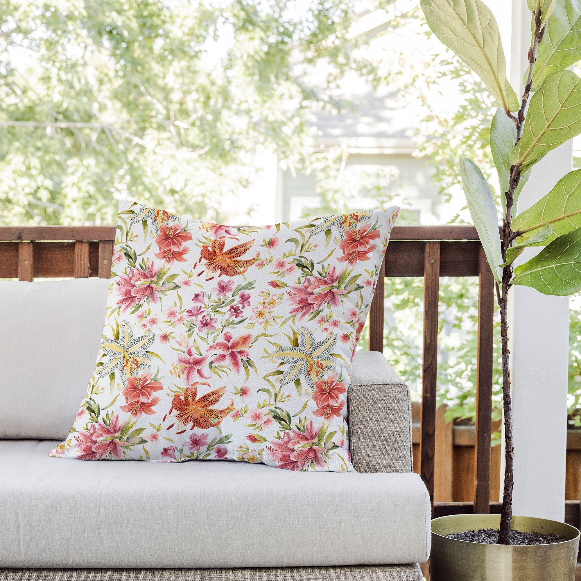 Ninola Design Botanic Retreat Lily Lush Floral Orange Green Outdoor Throw Pillow