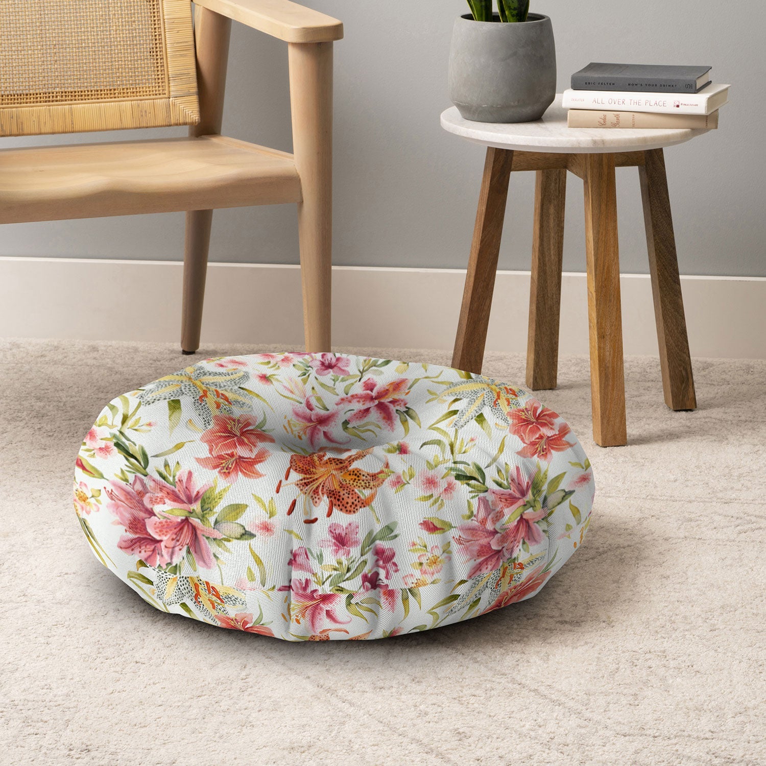 Ninola Design Botanic Retreat Lily Lush Floral Orange Green Floor Pillow Round
