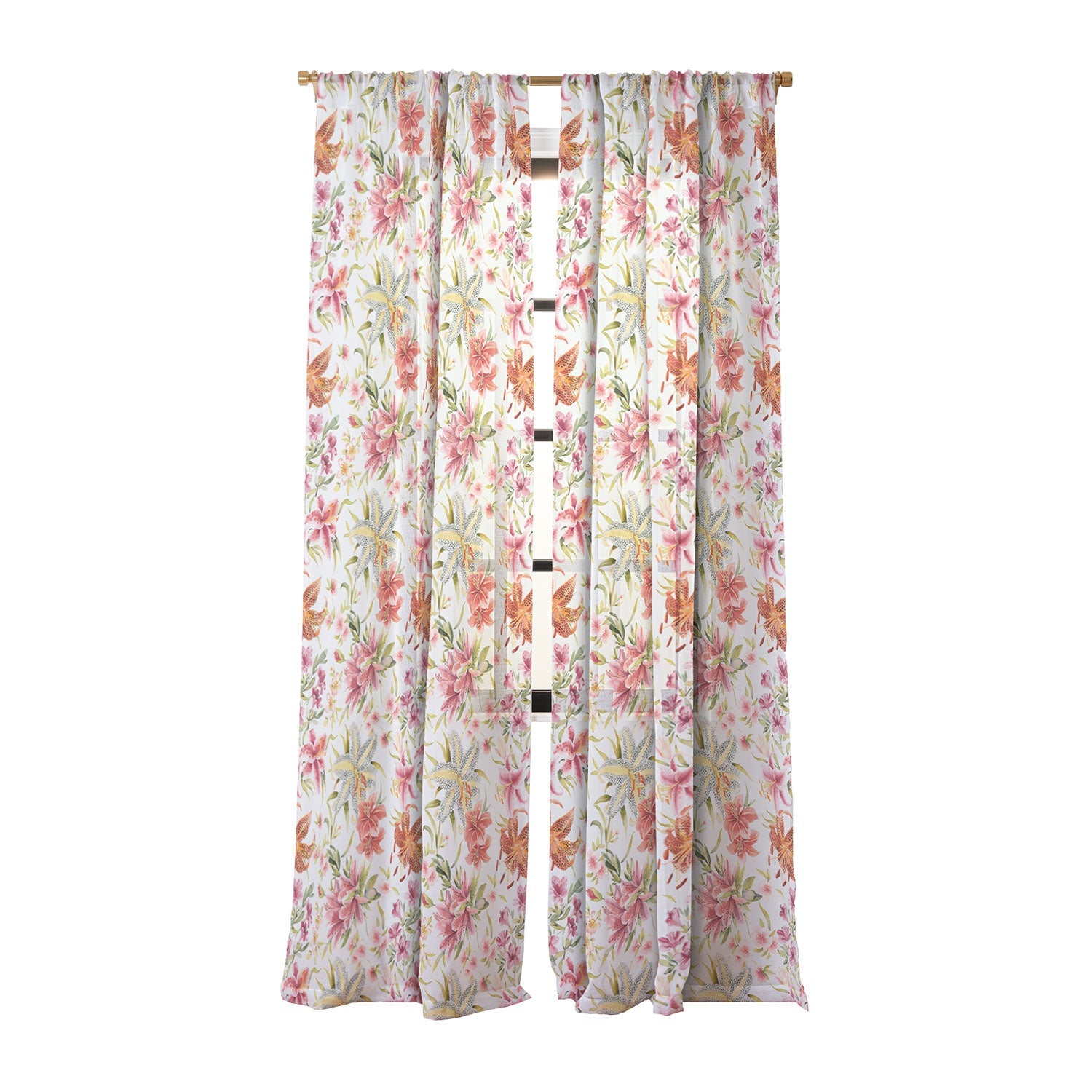 Ninola Design Botanic Retreat Lily Lush Floral Orange Green Sheer Window Curtain