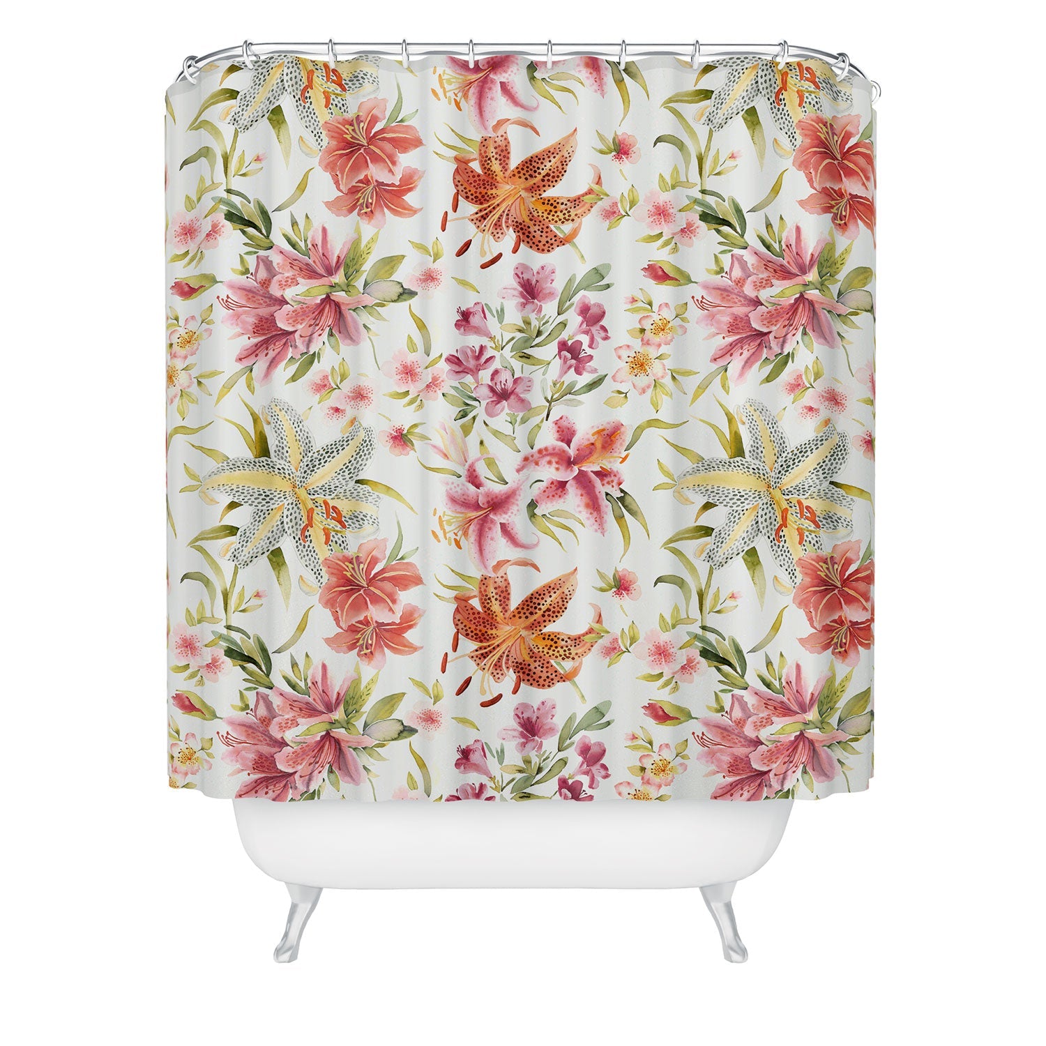 Ninola Design Botanic Retreat Lily Lush Floral Orange Green Shower Curtain