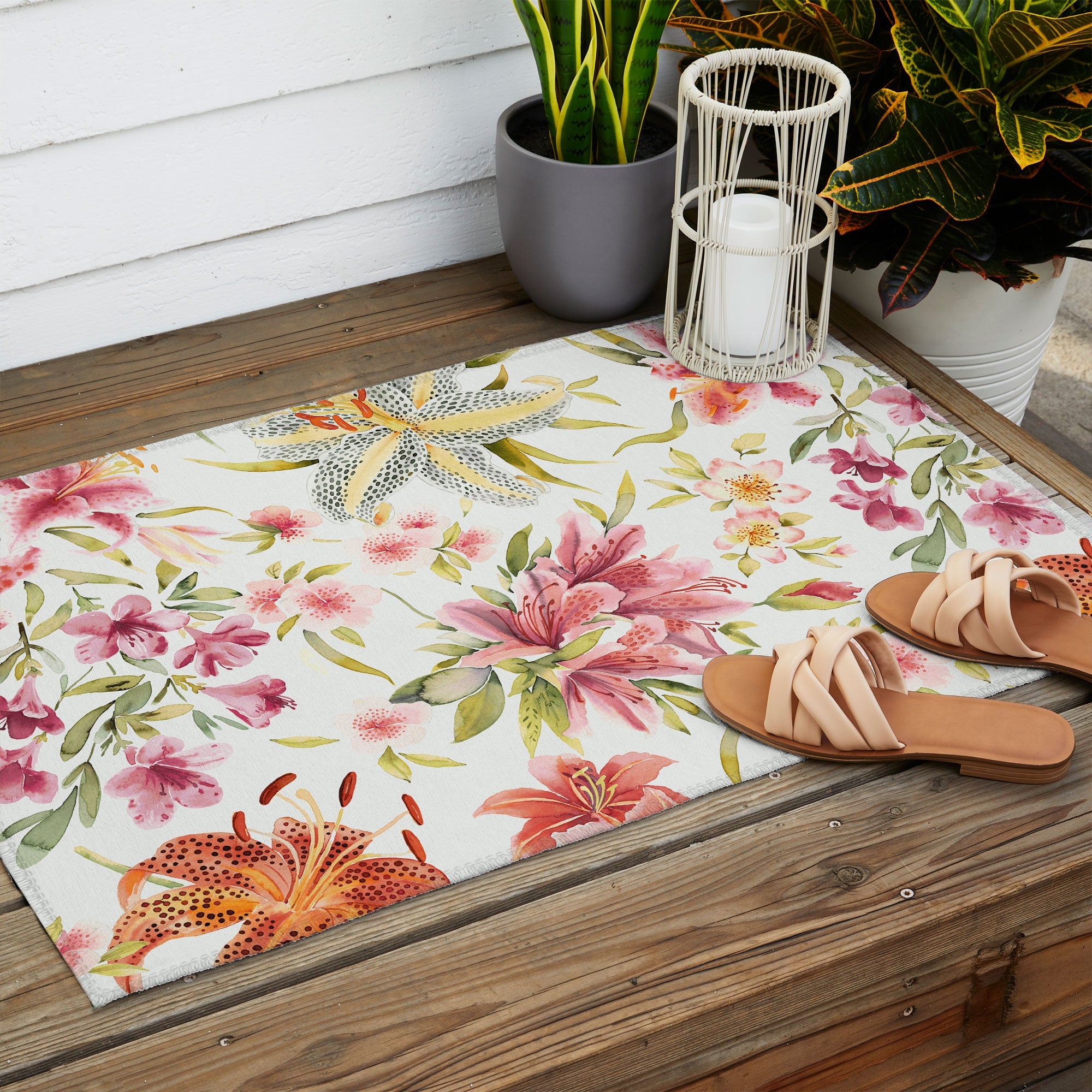 Ninola Design Botanic Retreat Lily Lush Floral Orange Green Outdoor Rug