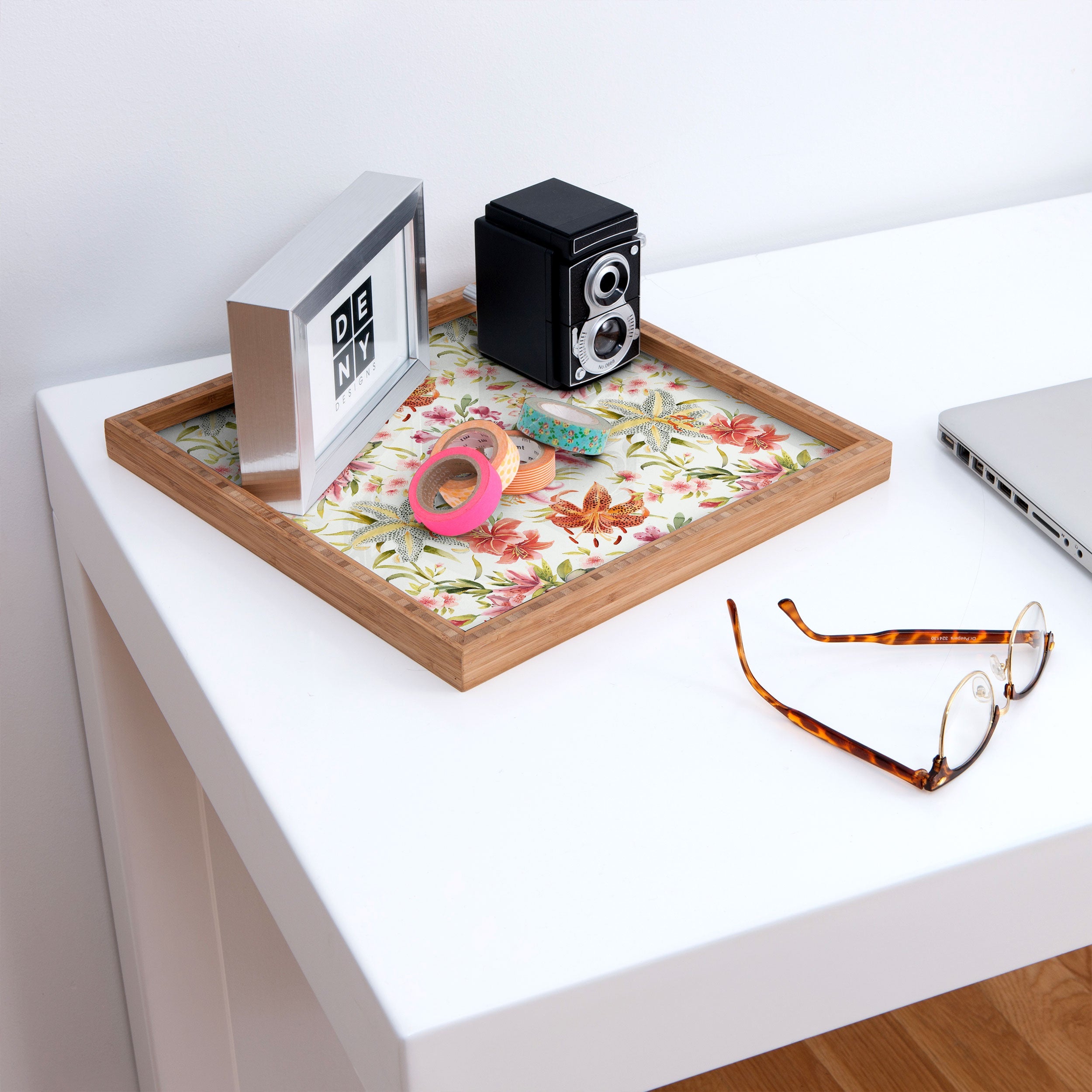 Ninola Design Botanic Retreat Lily Lush Floral Orange Green Square Tray