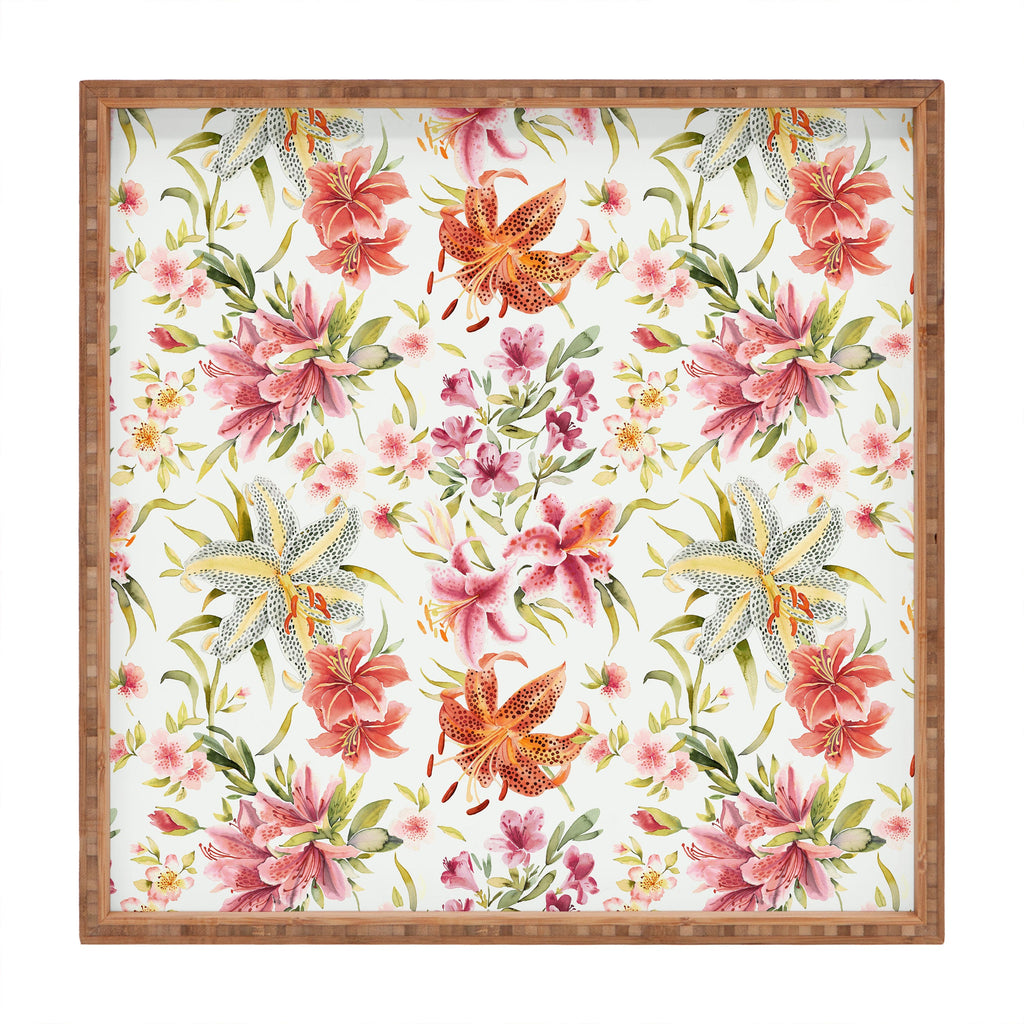 Ninola Design Botanic Retreat Lily Lush Floral Orange Green Square Tray