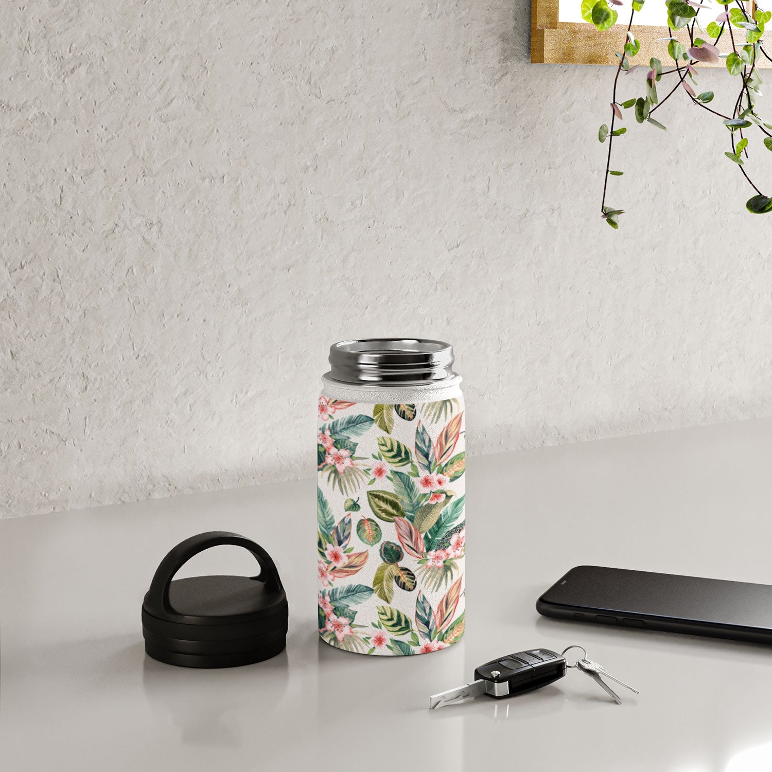 Ninola Design Botanic Retreat Tropical Leaves Flowers Pink Green Water Bottle