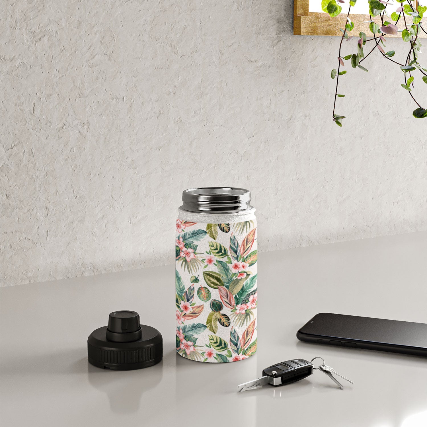 Ninola Design Botanic Retreat Tropical Leaves Flowers Pink Green Water Bottle