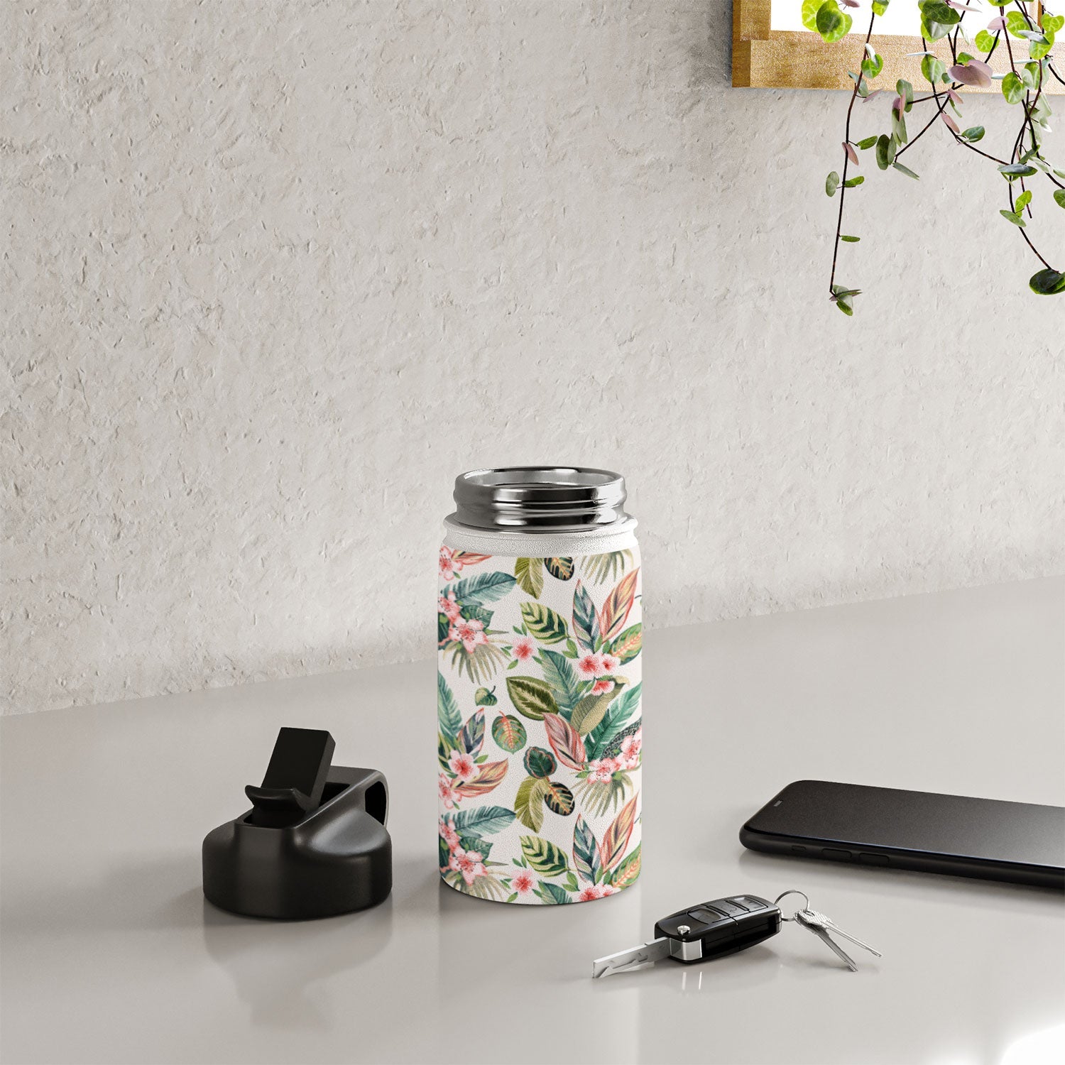 Ninola Design Botanic Retreat Tropical Leaves Flowers Pink Green Water Bottle