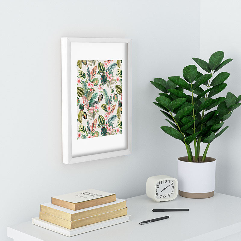 Ninola Design Botanic Retreat Tropical Leaves Flowers Pink Green Recessed Framing Rectangle