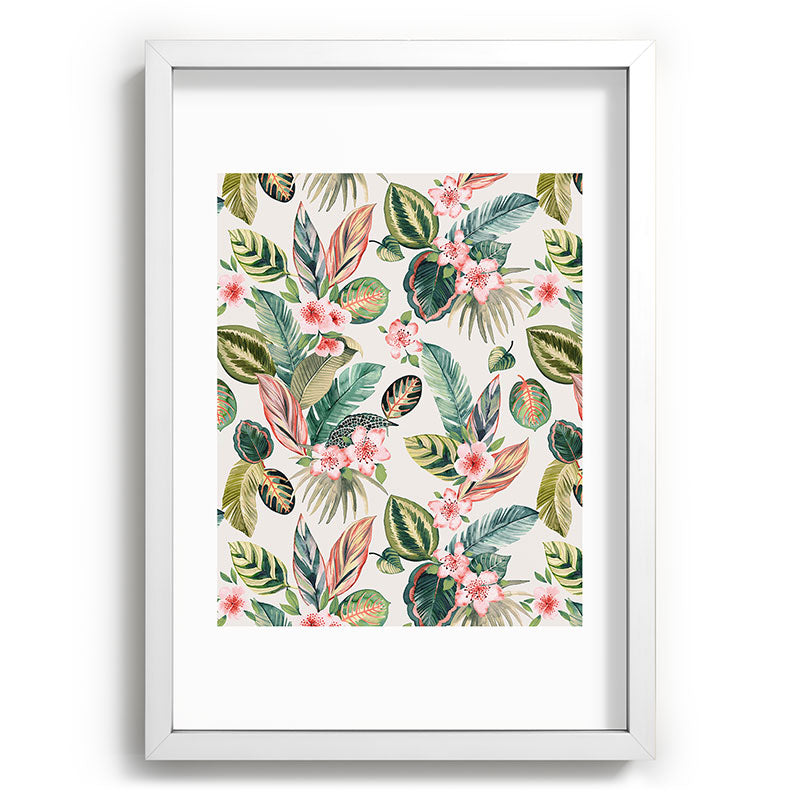 Ninola Design Botanic Retreat Tropical Leaves Flowers Pink Green Recessed Framing Rectangle