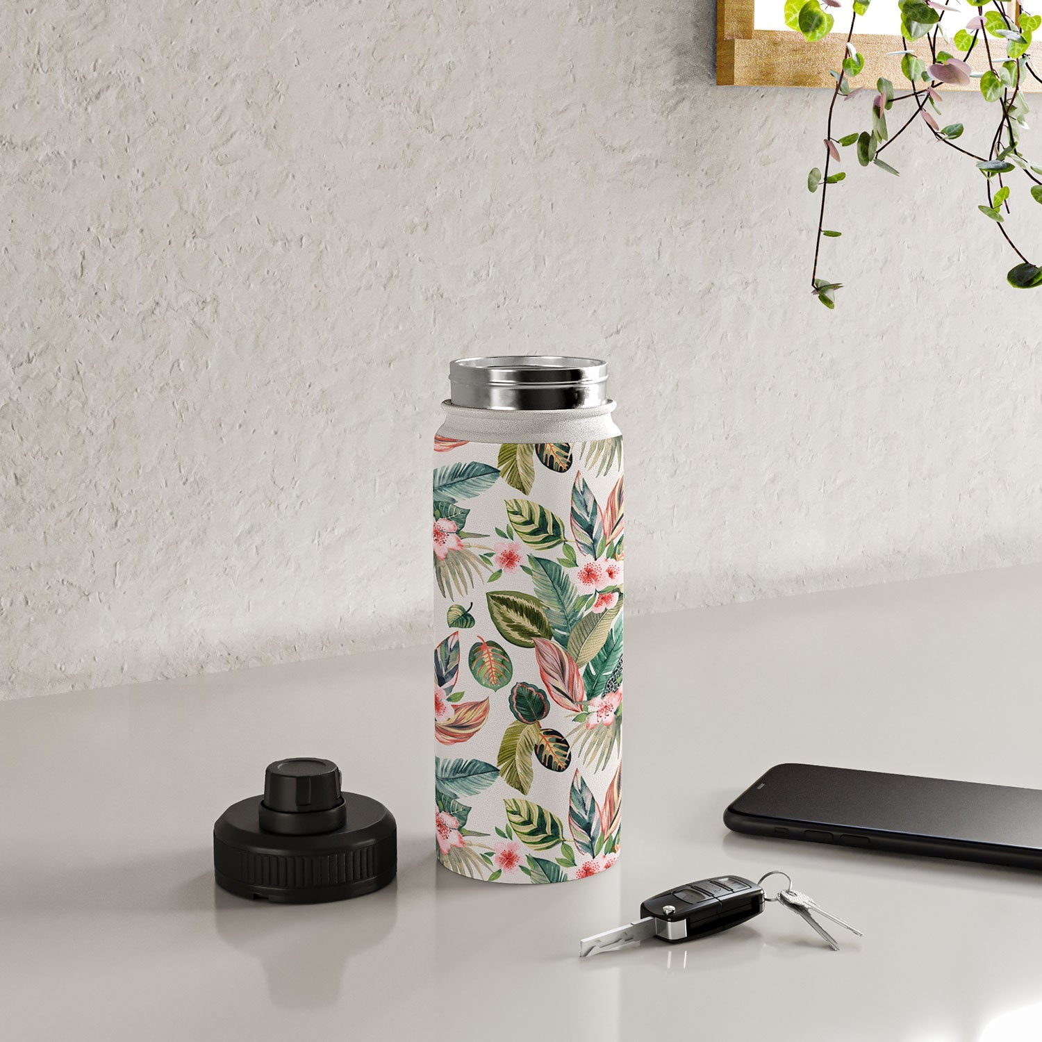 Ninola Design Botanic Retreat Tropical Leaves Flowers Pink Green Water Bottle