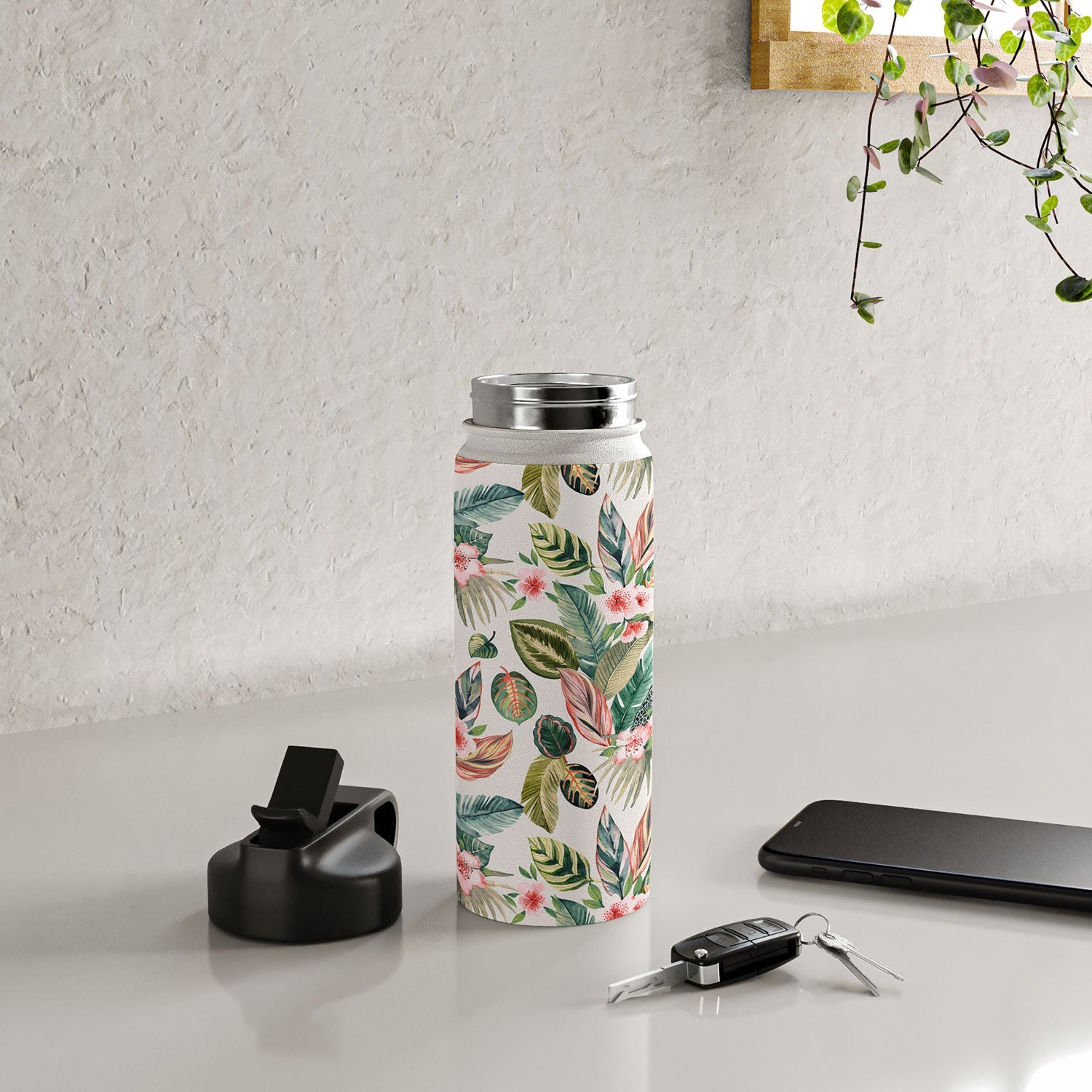 Ninola Design Botanic Retreat Tropical Leaves Flowers Pink Green Water Bottle