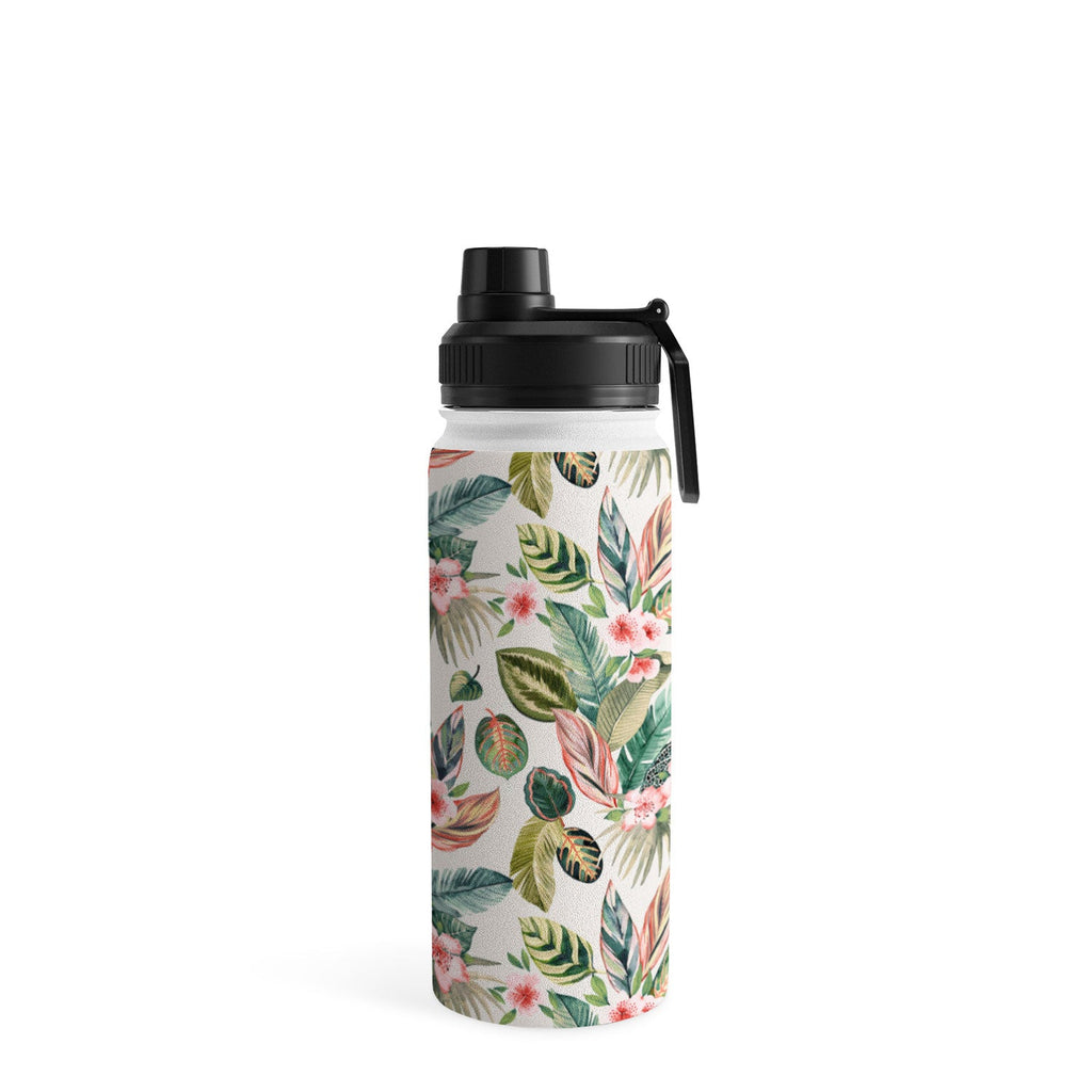 Ninola Design Botanic Retreat Tropical Leaves Flowers Pink Green Water Bottle