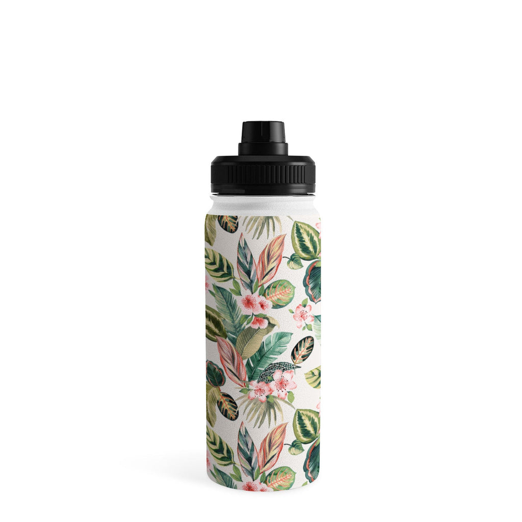 Ninola Design Botanic Retreat Tropical Leaves Flowers Pink Green Water Bottle
