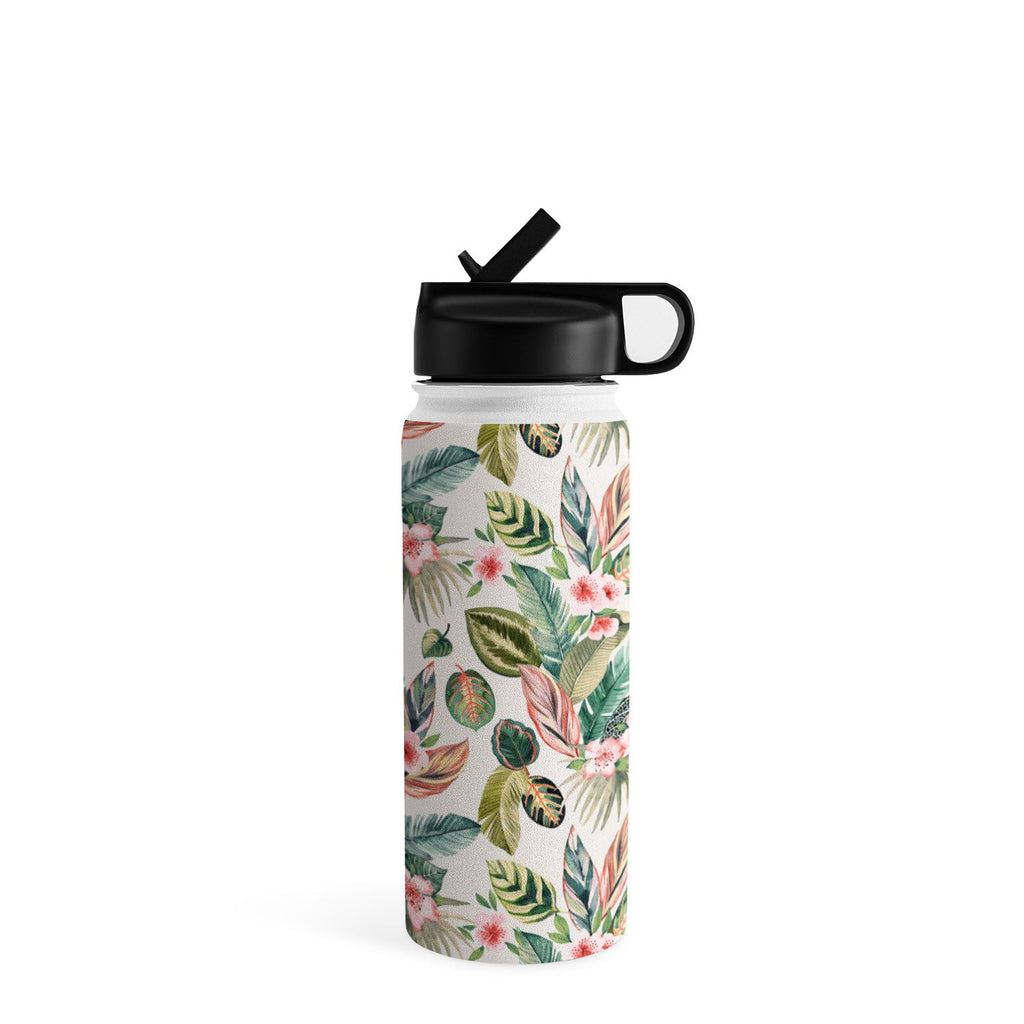 Ninola Design Botanic Retreat Tropical Leaves Flowers Pink Green Water Bottle